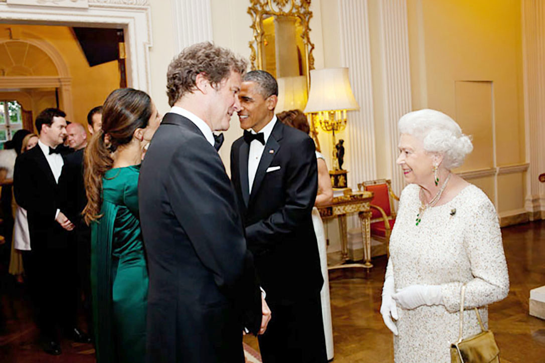 President Barack Obama and Queen Elizabeth II greet guests, including actor Colin Firth, at a dinner in honor of the Queen at Winfield House in London, England, May 25, 2011. Firth received an 2010 Academy Award for his portrayal of the Queen's father, King George VI, in The King's Speech. (Official White House Photo by Pete Souza)

This official White House photograph is being made available only for publication by news organizations and/or for personal use printing by the subject(s) of the photograph. The photograph may not be manipulated in any way and may not be used in commercial or political materials, advertisements, emails, products, promotions that in any way suggests approval or endorsement of the President, the First Family, or the White House.